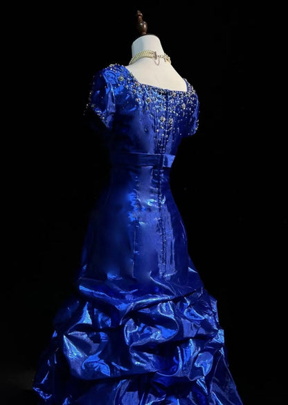 Vintage Prom Dresses 1960s Mermaid Square Neck Royal Blue Organza With Beaded Long Prom Gown N3116
