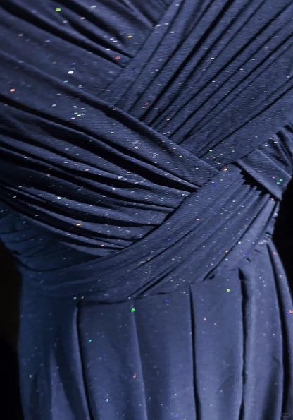Vintage Prom Dresses 90s A line Spaghetti Strap Navy Blue Sequined Backless Long Evening Outfits N3141