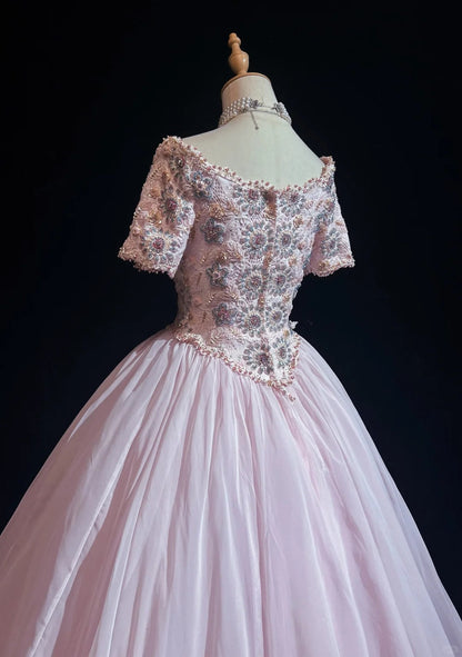 Princess Prom Dresses Ball Gown Scoop Pink Tulle Half Sleeves Evening Long Quince Dress N3285