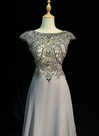 Vintage Prom Dresses 80s A Line Scoop Grey Sleeveless Chiffon With Beading Semi Formal Evening Outfits N3615