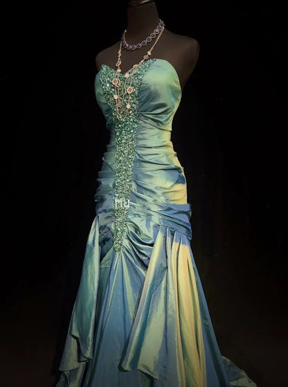 Elegant Prom Dresses Mermaid Sweetheart Green Taffeta With Beaded Sleeveless Long Formal Gown N2896