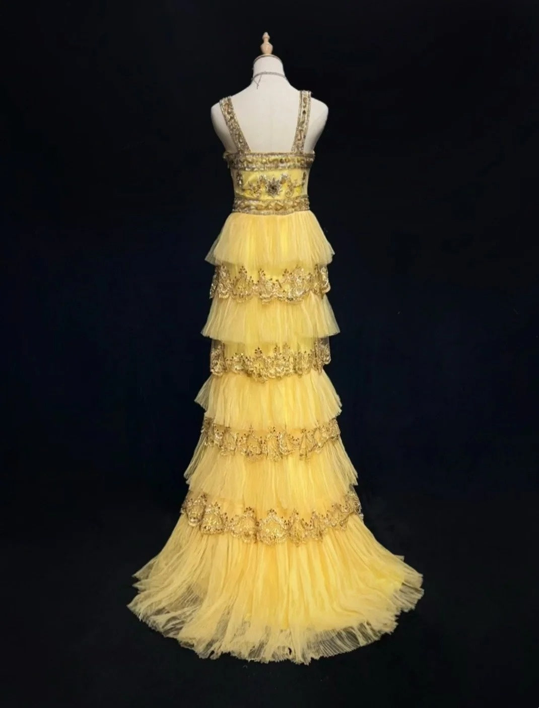 Vintage Prom Aesthetic Dresses A line Square Neck Yellow Tiered Layers With Beading Long Formal Dress N3060