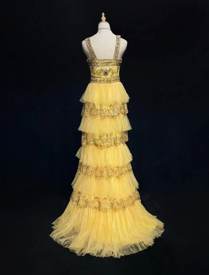 Vintage Prom Aesthetic Dresses A line Square Neck Yellow Tiered Layers With Beading Long Formal Dress N3060