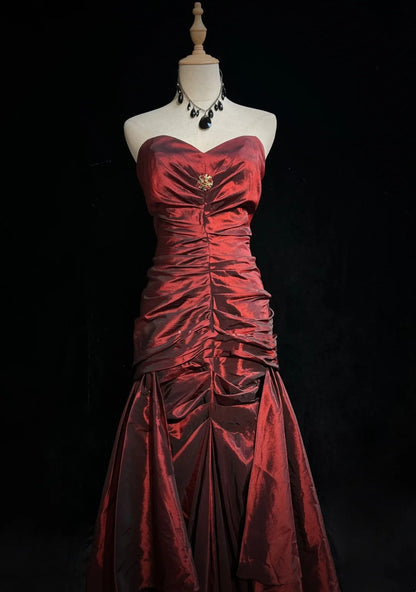 Vintage 90s Prom Dresses Mermaid Sweetheart Burgundy Taffeta With Ruffled Long Prom Gown N3031