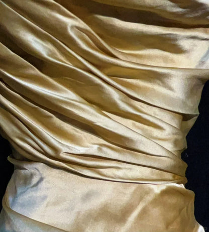 Modest Prom Dresses Mermaid Halter Gold Satin With Beading Lace Long Formal Evening Dress N3865