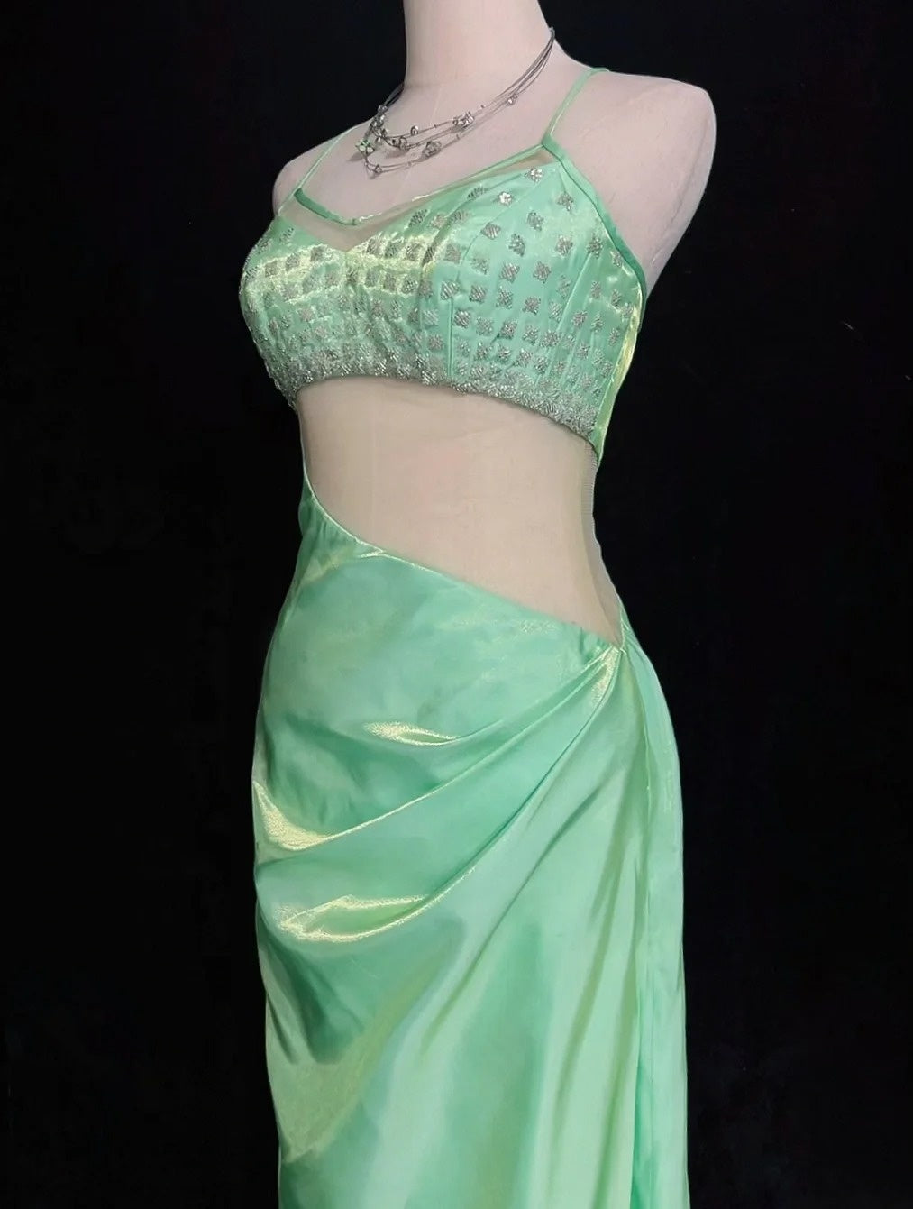 Gothic Glam Prom Dresses Mermaid Spaghetti Strap Mint Green Sleeveless With Beaded Semi Formal Evening Dress N3801