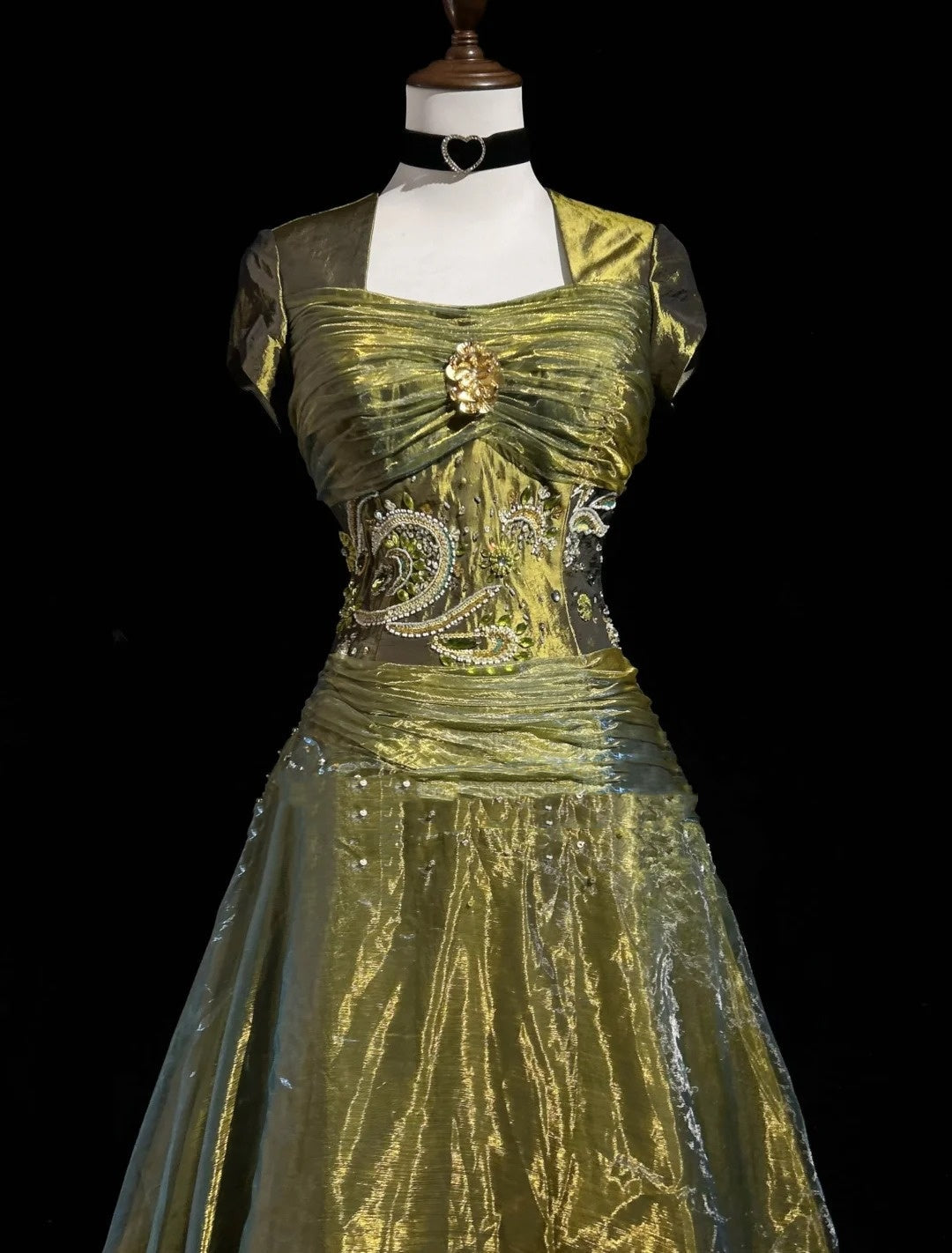 Vintage Prom Dresses Ball Gown Square Neck Olive Green 80s With Beading Long Formal Evening Outfits N3873