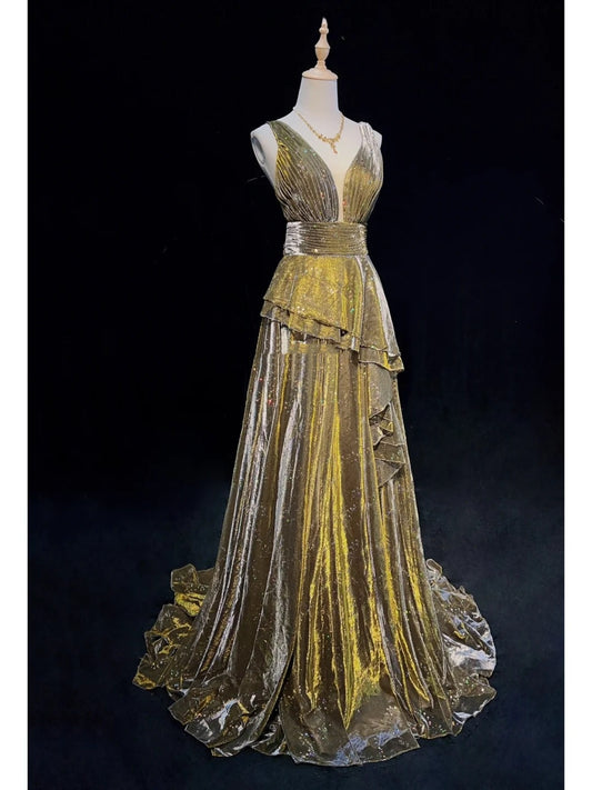 Vintage Prom Dresses Inspo A line V Neck Satin Gold Backless For Women Long Formal Dress N3260