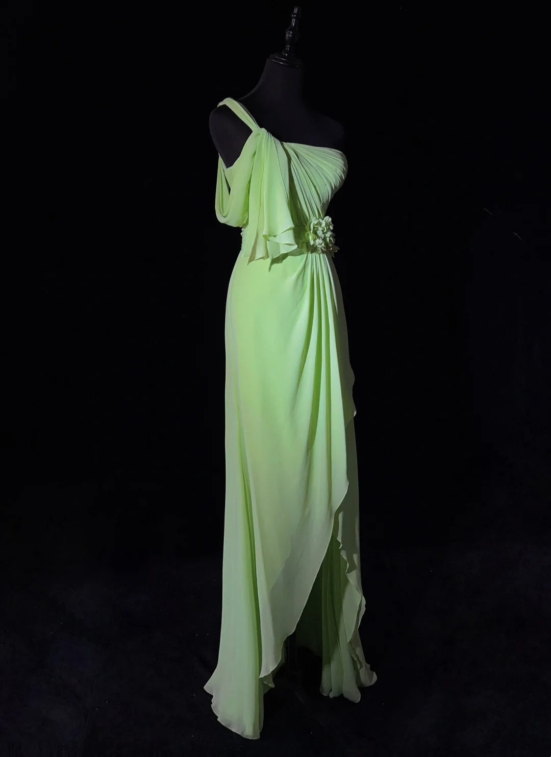 Beautiful Prom Dresses A line One Shoulder Chiffon Green With Ruffled Long Evening Outfits N3383