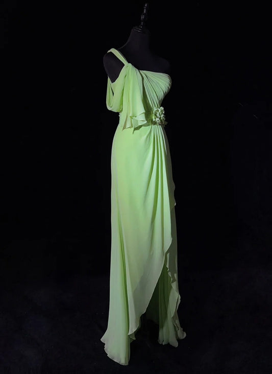 Beautiful Prom Dresses A line One Shoulder Chiffon Green With Ruffled Long Evening Outfits N3383