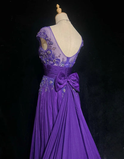 Vintage Prom Dresses A Line Bateau Purple Chiffon 80s With Beading Long Formal Evening Outfits N3899