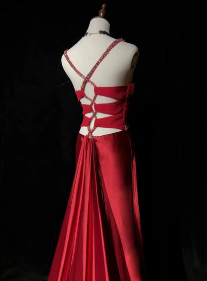 Classy Mermaid Sweetheart Straps Red With Beading Folds Sleeveless Long Formal Dress Gown Prom Dresses N2449
