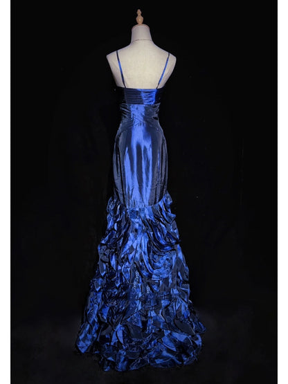 Vintage Prom Dresses Inspo Mermaid Spaghetti Strap Navy Blue Tiered Layers 80s With Ruffled Formal Gowns N3361