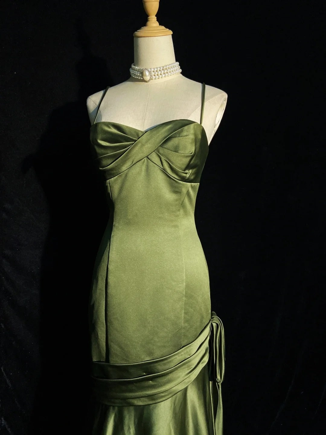 Vintage Classy Prom Dresses Mermaid Spaghetti Strap Olive Green Satin With Ruffled Evening Long Dress N3297