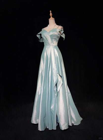Elegant Chic Prom Dresses A line Spaghetti Strap Light Sky Blue Satin With Sleeves Semi Formal Evening Gowns N3800