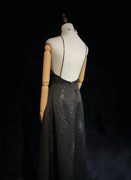 Beautiful Prom Dresses A line Spaghetti Strap Black With Beaded Cape Long Formal Evening Outfits N3672