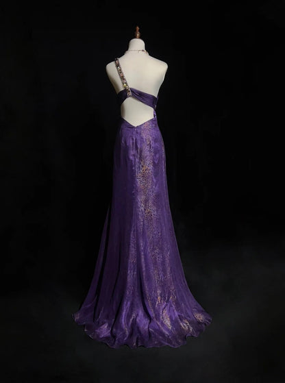 Vintage Prom Aesthetic Dresses A Line One Shoulder Purple Chiffon With Beading Long Formal Dance Dress N3014