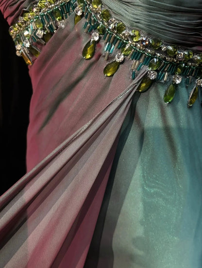 Vintage Prom Aesthetic Dresses A Line Spaghetti Strap Green Chiffon Long Formal Dress N3017