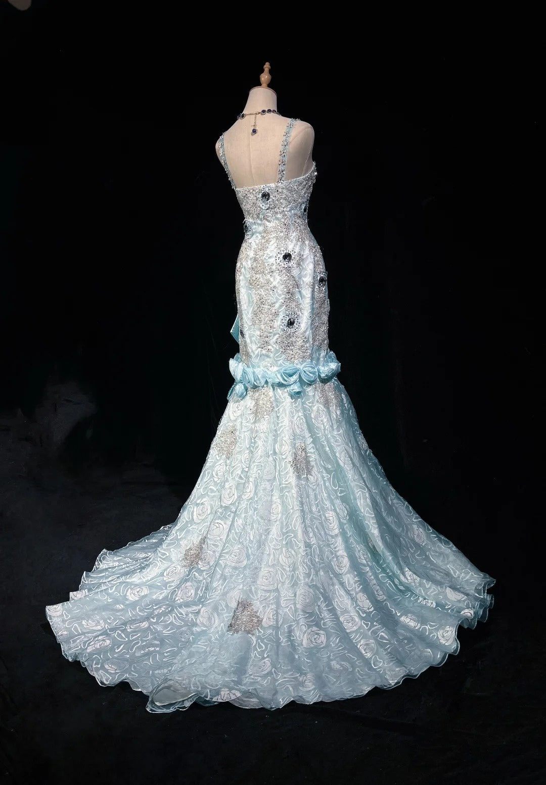 Beautiful Prom Dresses Mermaid Spaghetti Strap Light Blue With Flowers Beading Long Evening Outfits N3319