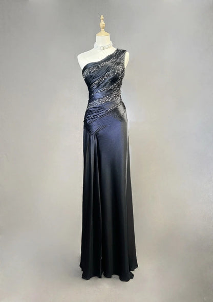 Classy Prom Dresses Mermaid One Shoulder Satin Black Tie Dress With Beaded Long Formal Evening Outfits N3704