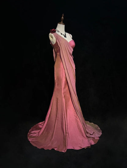 Vintage Prom Dresses 1960s Mermaid Asymmetrical Shoulder Straps Chiffon Pink With Ruffled Long Prom Gown N3095