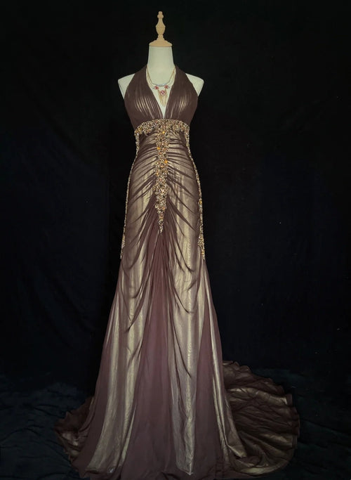 Vintage Prom Dresses Inspo Mermaid V Neck Brown Satin Long 1990s With Beading Formal Gowns N3352