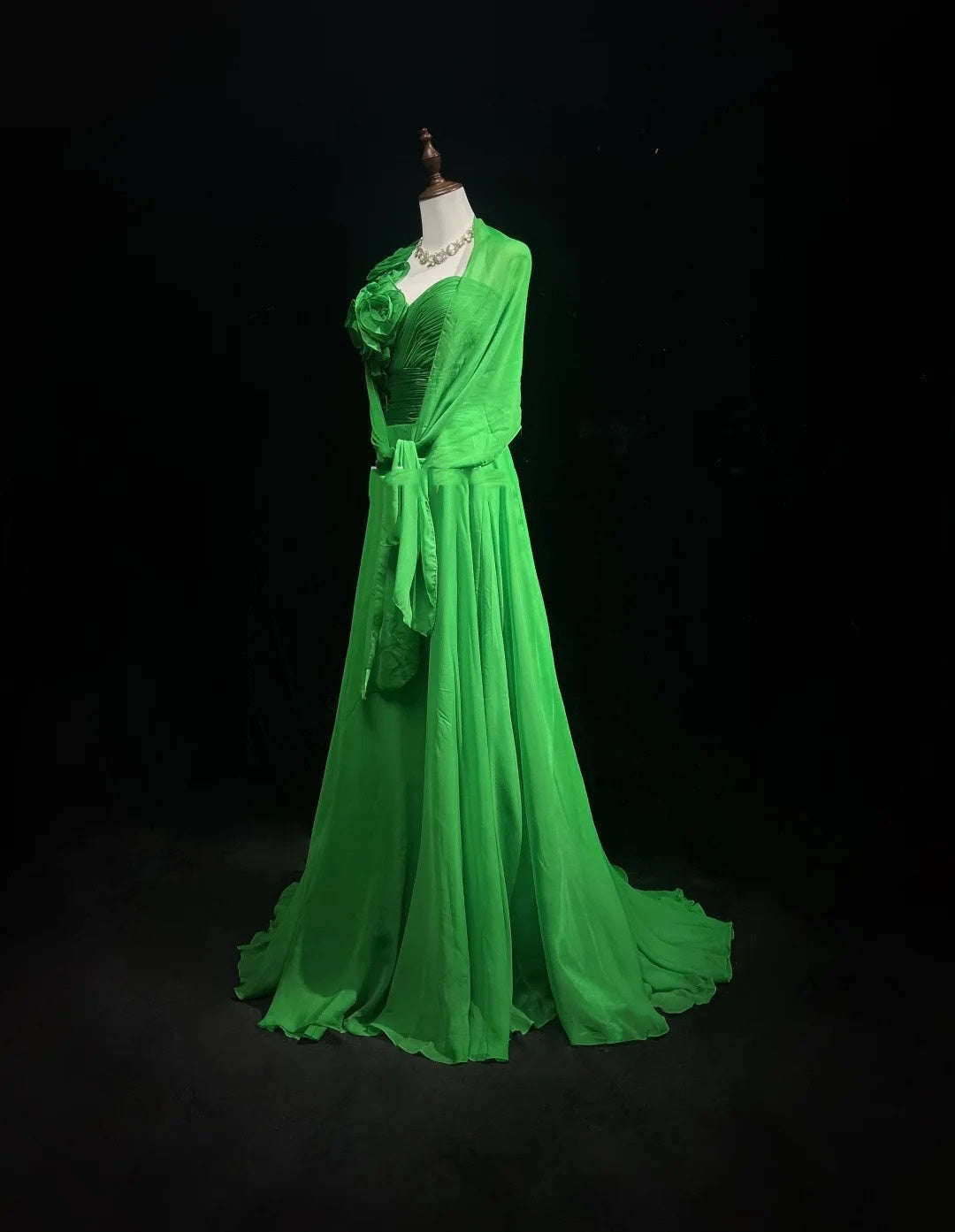 Vintage 90s Prom Dresses A Line One Shoulder Green Chiffon With Flowers Long Prom Gown N3061
