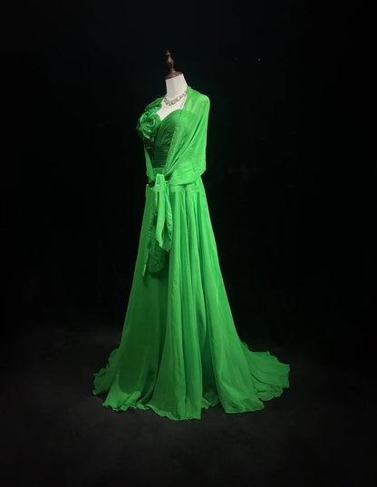 Vintage 90s Prom Dresses A Line One Shoulder Green Chiffon With Flowers Long Prom Gown N3061