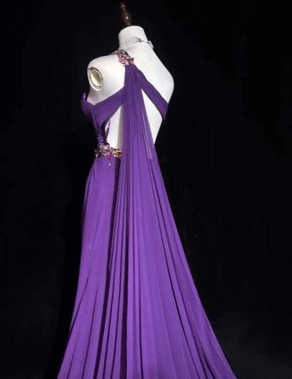 Vintage Prom Dresses A line One Shoulder Purple Chiffon 80s With Beaded Long Formal Evening Outfits N3889