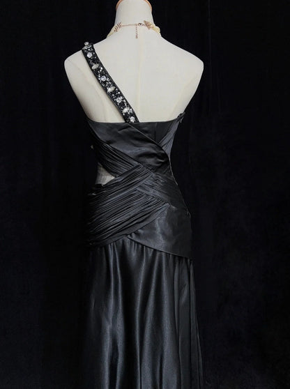 Vintage Prom Dresses 80s Mermaid One Shoulder Black Tie Dress With Beading Semi Formal Evening Outfits N3636
