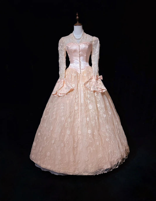 Princess Prom Dresses Ball Gown V Neck Pink Lace With Long Sleeves With Pearls Formal Evening Outfits N3878