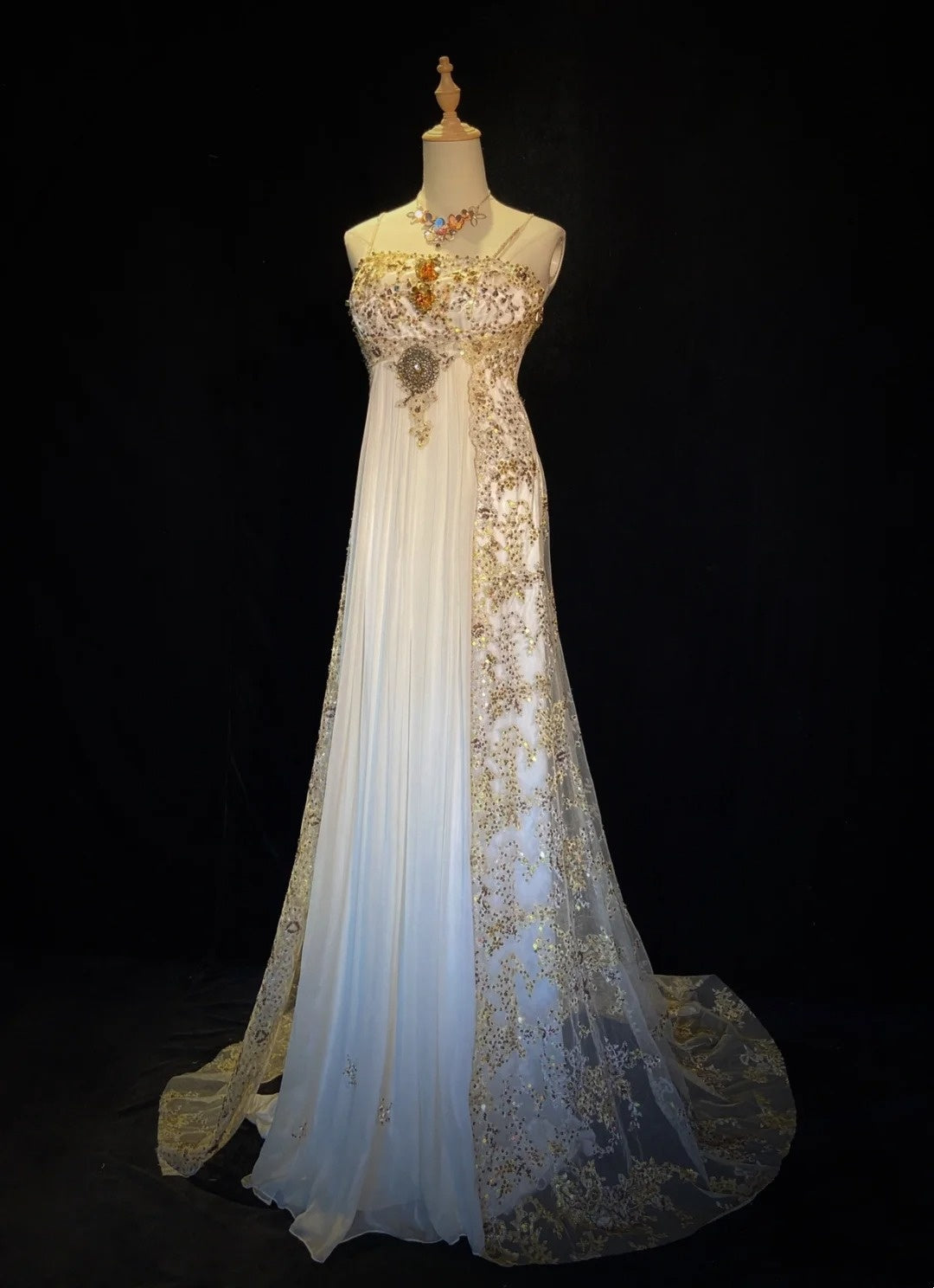 Vintage 90s Prom Dresses A Line Spaghetti Strap White Chiffon With Gold Lace Formal Evening Outfits N3849