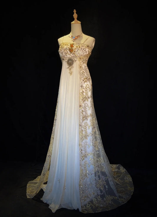 Vintage 90s Prom Dresses A Line Spaghetti Strap White Chiffon With Gold Lace Formal Evening Outfits N3849