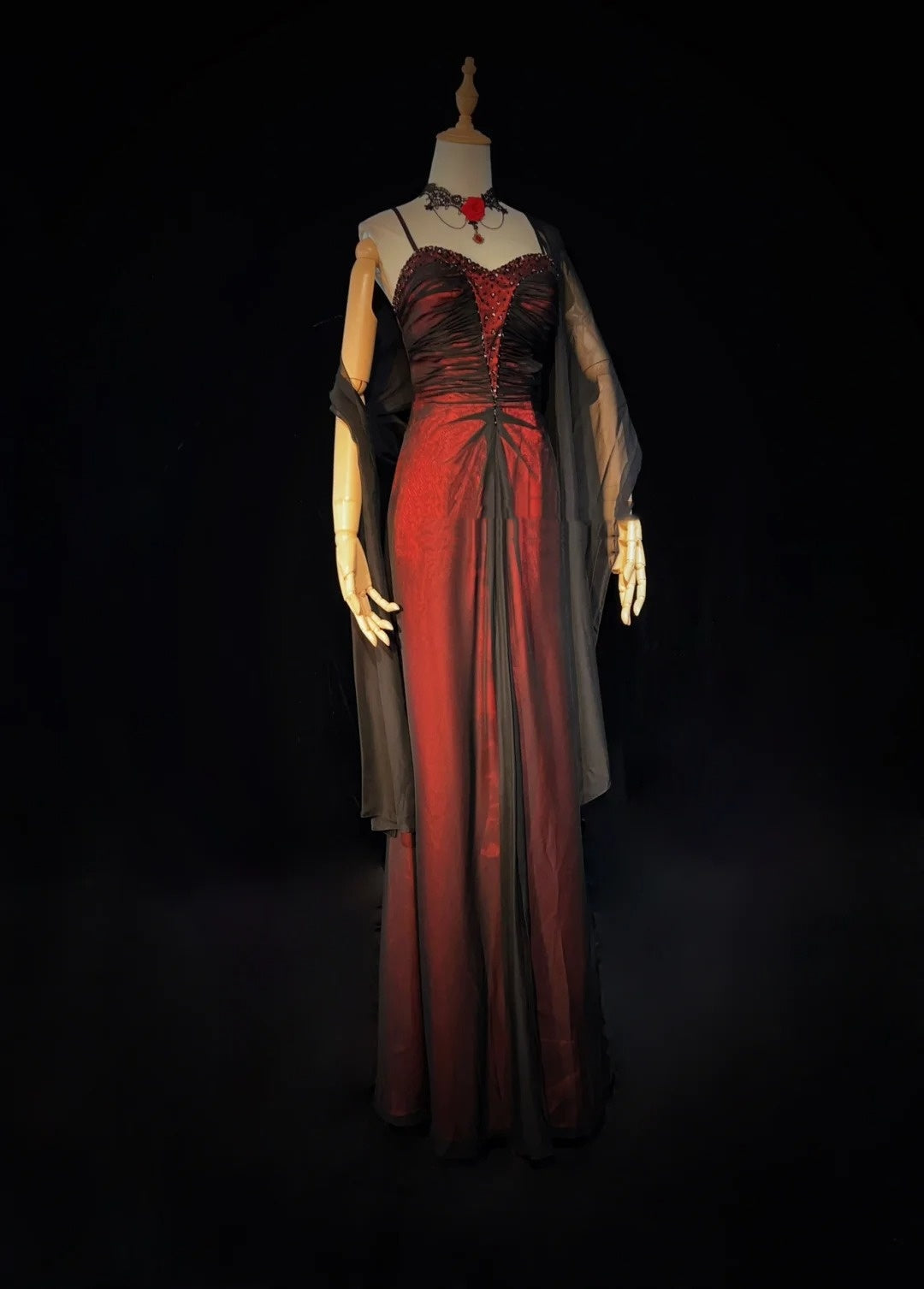 Beautiful Prom Dresses A line Spaghetti Strap Black Red With Cape Long Formal Evening Outfits N3668