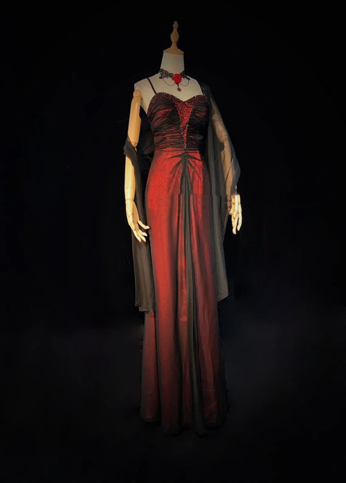Beautiful Prom Dresses A line Spaghetti Strap Black Red With Cape Long Formal Evening Outfits N3668