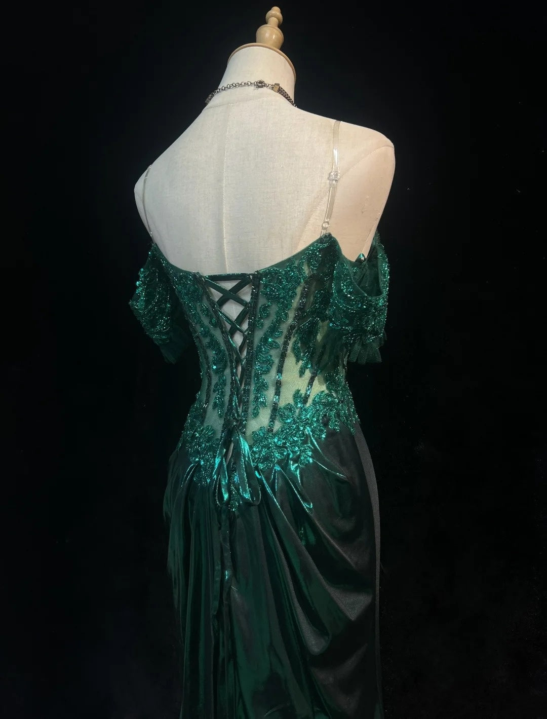Modest Prom Dresses Inspo Mermaid Off The Shoulder Dark Emerald Green Slit Lace 80s Long Formal Gowns N3389