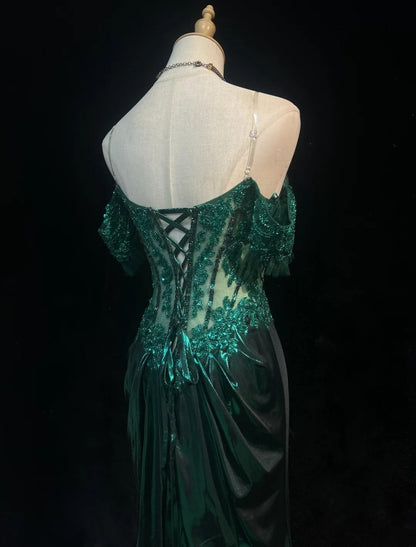 Modest Prom Dresses Inspo Mermaid Off The Shoulder Dark Emerald Green Slit Lace 80s Long Formal Gowns N3389