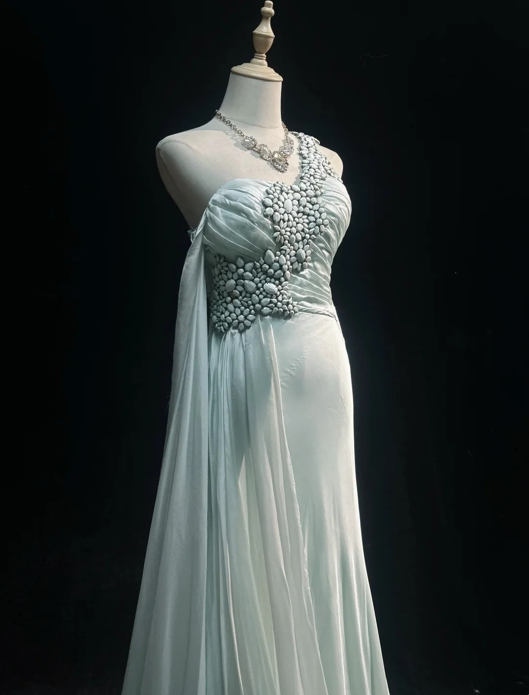 Beautiful Prom Dresses A line One Shoulder Light Green Chiffon With Crystals Long Formal Evening Outfits N3678