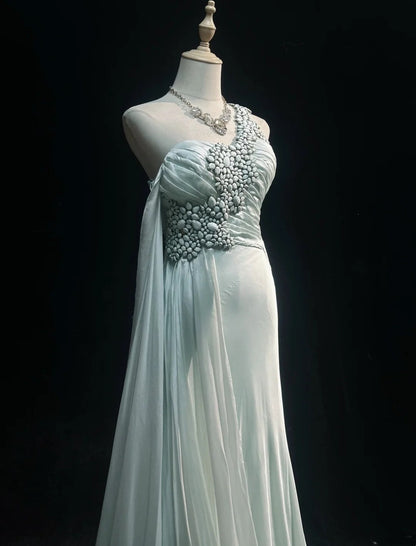 Beautiful Prom Dresses A line One Shoulder Light Green Chiffon With Crystals Long Formal Evening Outfits N3678