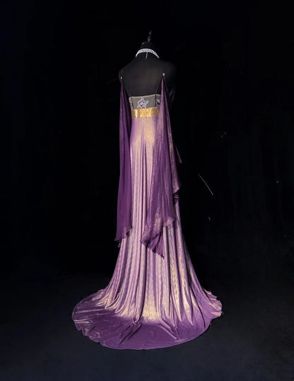 Charming Prom Dresses A line Spaghetti Strap Purple Chiffon With Cape Long Formal Evening Dress N3897