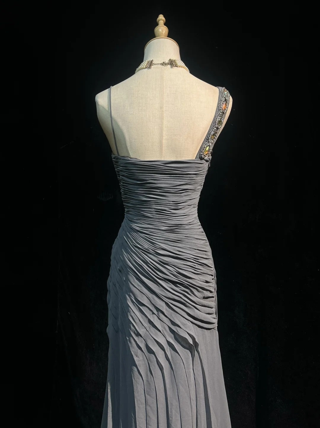 Simple Prom Dresses Mermaid Spaghetti Strap Grey Chiffon Floor Length Ruffled Formal Evening Dress N3685