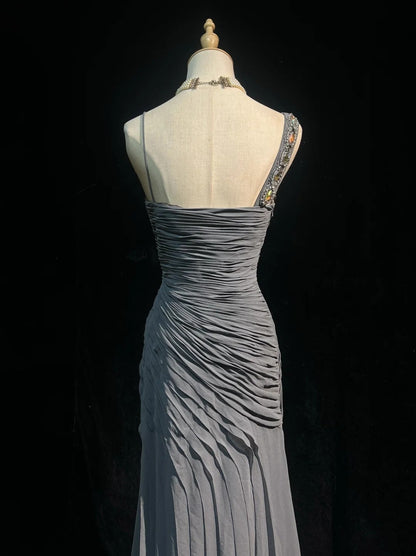 Simple Prom Dresses Mermaid Spaghetti Strap Grey Chiffon Floor Length Ruffled Formal Evening Dress N3685