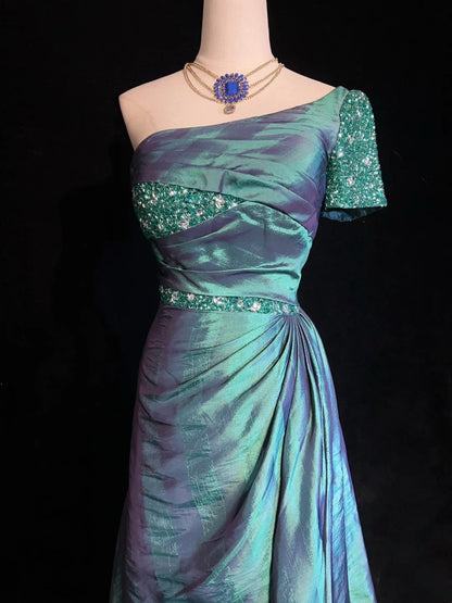 Modest Prom Dresses Mermaid One Shoulder Blue Satin With Beaded Long Evening Outfits N3467