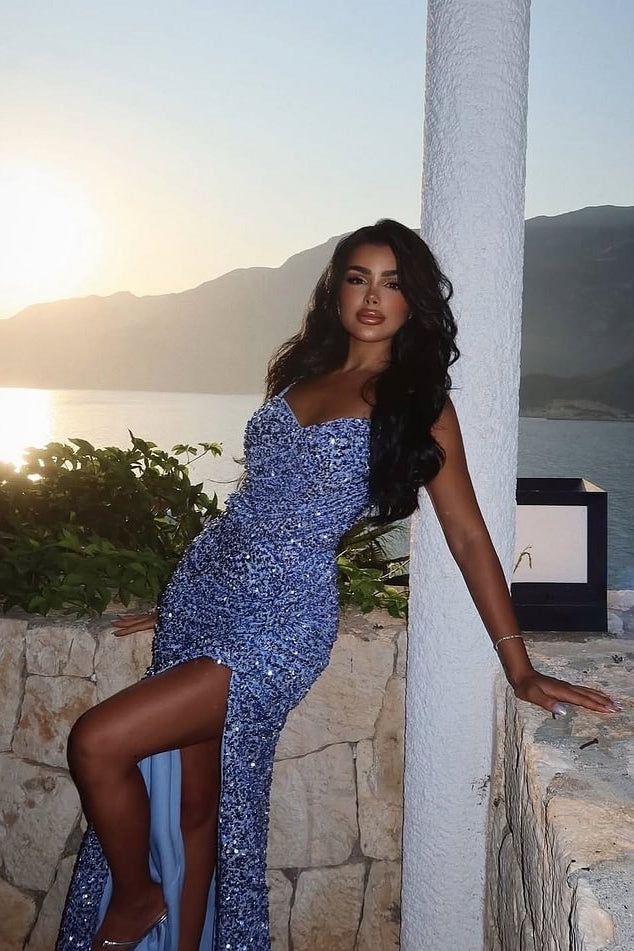 Dazzling Steel Blue Spaghetti-Strap Sequins Prom Dresses Mermaid Sleeveless Side Slit Online AB1665