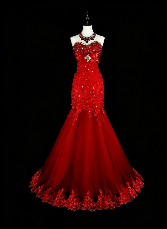 Vintage 1960s Mermaid Sweetheart Red Tulle Corset Back Sleeveless Long Prom Formal Dresses N1590