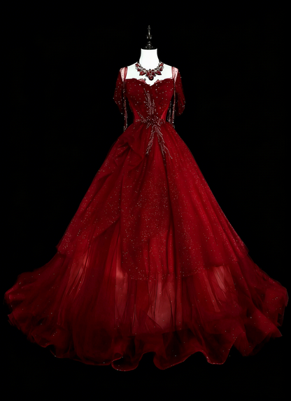 Ball Gown Sweetheart Burgundy Tulle With Beads Prom Dresses Evening Gown Formal Dress Vintage Party N1777