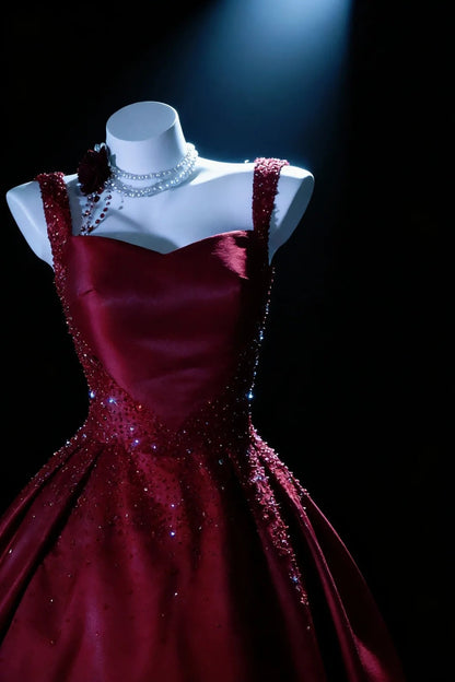 Modest Prom Dresses Ball Gown Sweetheart Burgundy With Beads Long Quince Dress N2961