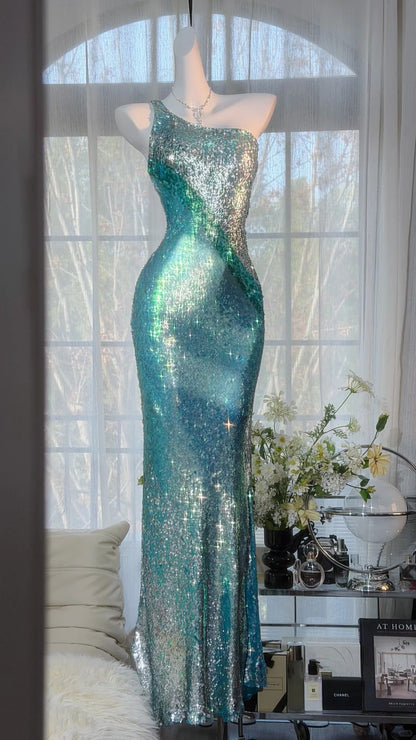 Sparkly Prom Dresses Mermaid One Shoulder Blue Sequined Long Evening Outfits N3541