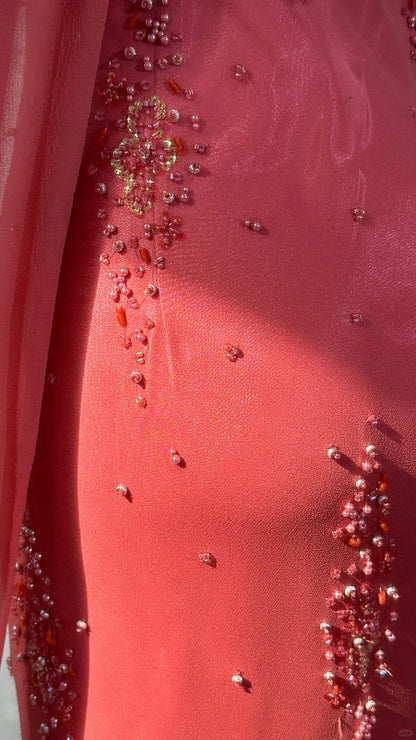 Modest Prom Dresses Mermaid Spaghetti Strap Coral Chiffon With Beading Long Lace Evening Outfits N3537
