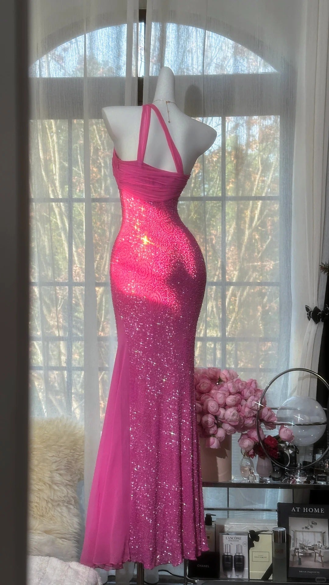 Modest Prom Dresses Mermaid One Shoulder Pink Chiffon Long Evening Outfits N3556